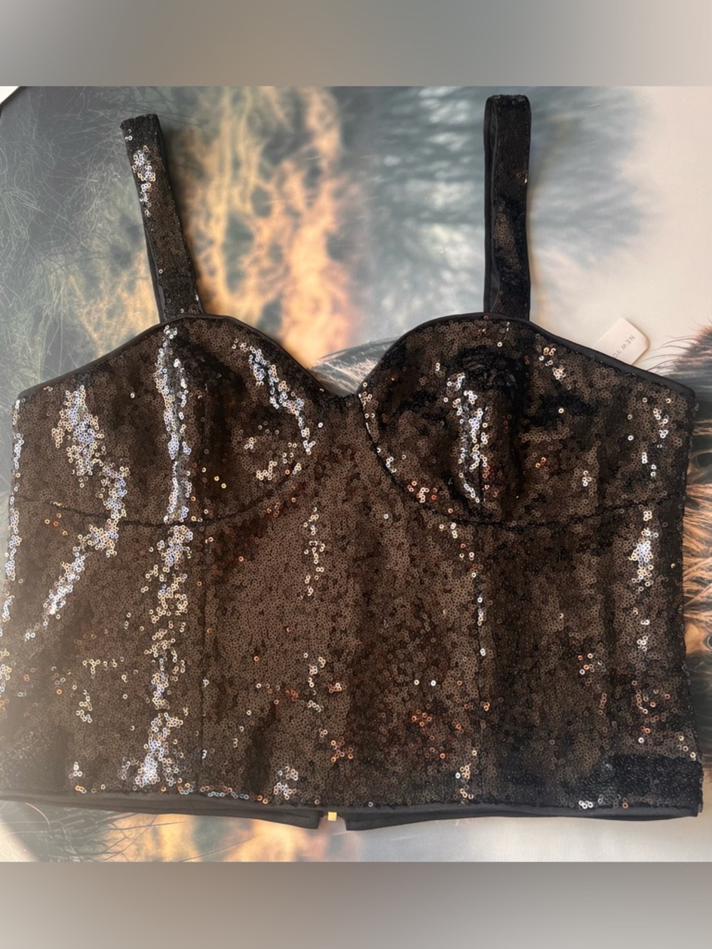 New York & Company Black Sequin Bustier Top with Gold Zip